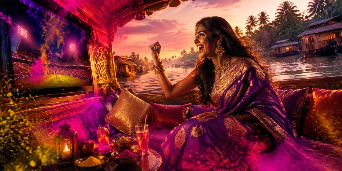 Relaxed player enjoying online casino experience during Holi festival in Kerala backwaters