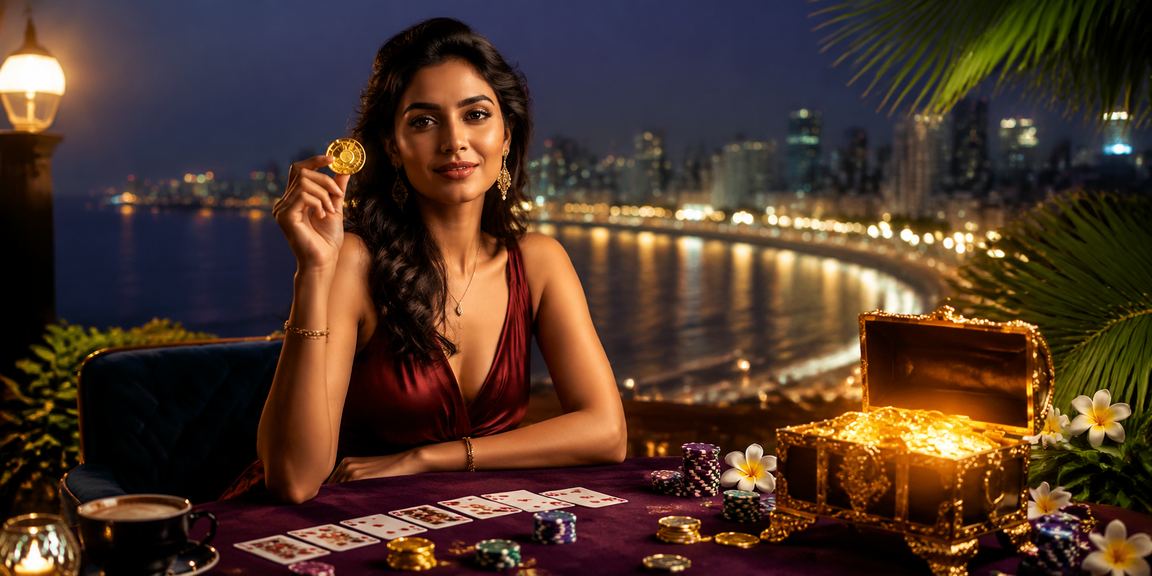 Mumbai Marine Drive at night with Teen Patti gaming ambiance