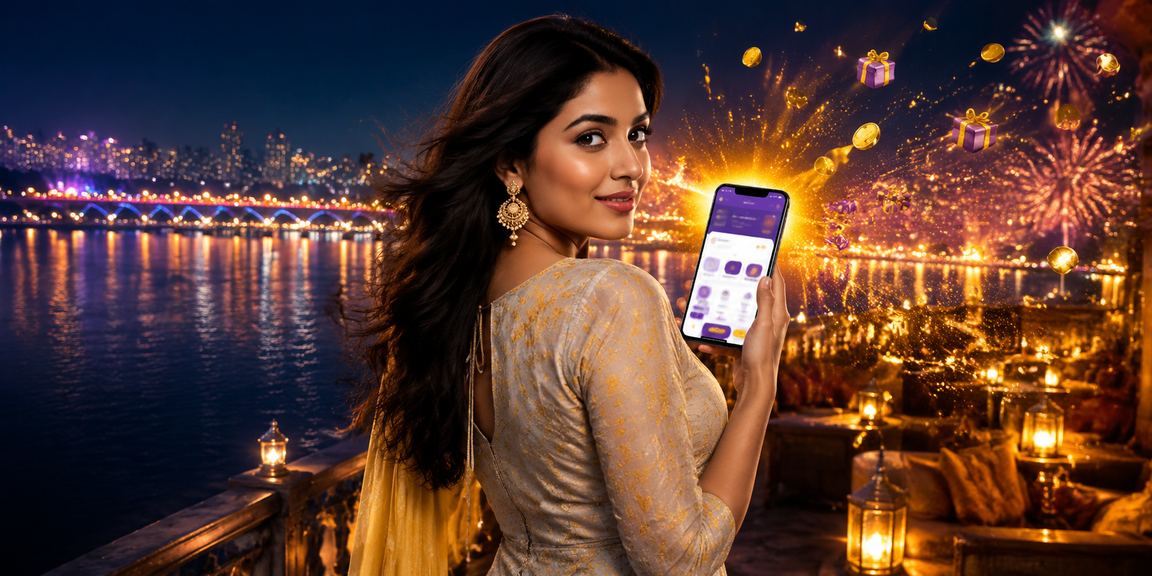 Woman making mobile payments at a busy Pune marketplace